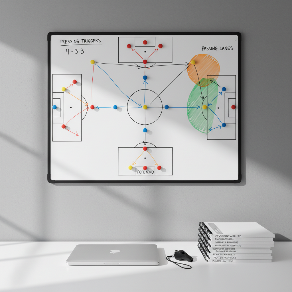 A meticulously organized tactical whiteboard on a clean, matte grey wall, covered with colored magnetic markers representing player positions in a 4-3-3 structure, with subtle arrows and zones indicating pressing triggers and passing lanes. On a minimalist white desk beneath, a closed silver laptop, a neat stack of scouting reports, and a single black whistle rest in perfect alignment. Soft, diffused daylight from an unseen side window creates gentle, precise shadows and a calm, focused atmosphere. Captured at eye level with a slightly wide angle, the composition uses clean lines and negative space to convey clarity, structure, and professional football planning in photographic realism with a corporate, modern aesthetic.