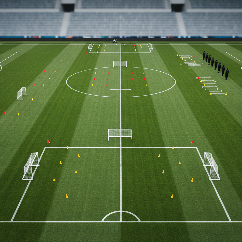 A pristine, freshly cut football pitch seen from the halfway line, with vivid but natural green tones and precisely painted white tactical grids overlaying specific training zones and corridors. Cones, small portable goals, and neatly aligned mannequins are positioned in a structured pattern that clearly suggests high-intensity tactical drills. The stadium seating in the distance is rendered as a soft, neutral blur, avoiding any logos. Overcast daylight provides even, diffused lighting with minimal harsh shadows, emphasizing the geometry of the training layout. Shot from a slightly elevated perspective with sharp focus throughout, the image feels analytical, disciplined, and professional, embodying modern Portuguese tactical training in a clean, photographic, corporate style.