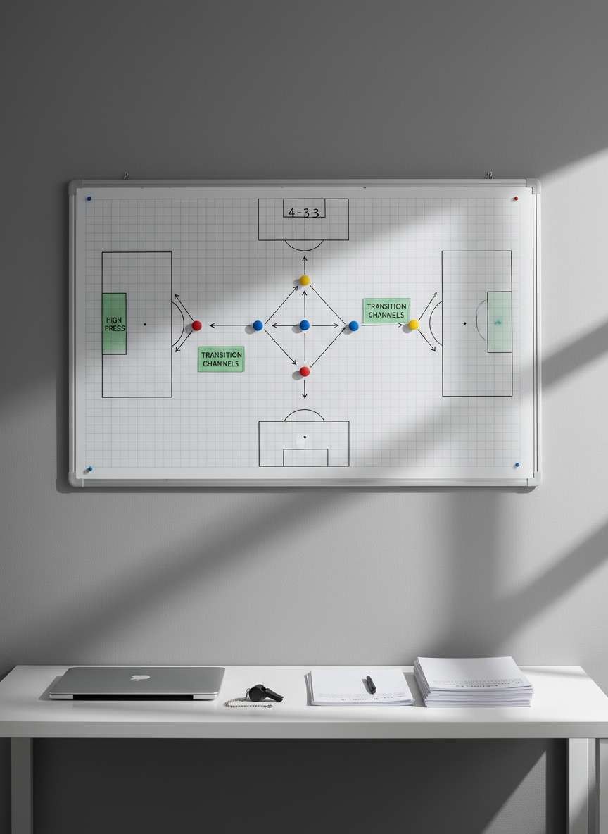 A meticulously organized tactical whiteboard on a clean, matte grey wall, covered with colored magnetic markers representing player positions in a 4-3-3 structure, with subtle arrows and zones indicating pressing triggers and passing lanes. On a minimalist white desk beneath, a closed silver laptop, a neat stack of scouting reports, and a single black whistle rest in perfect alignment. Soft, diffused daylight from an unseen side window creates gentle, precise shadows and a calm, focused atmosphere. Captured at eye level with a slightly wide angle, the composition uses clean lines and negative space to convey clarity, structure, and professional football planning in photographic realism with a corporate, modern aesthetic.