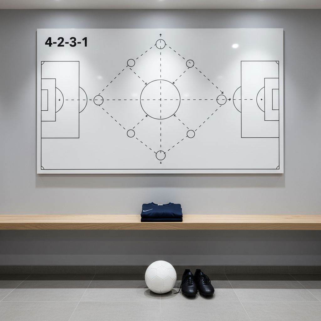 A minimalist, modern locker room bench in light oak with a single, neatly folded dark navy training kit, polished black football boots, and a pristine white ball resting directly in front, subtly aligned with the bench’s center. Above, a clean tactical sketch of a 4-2-3-1 structure is printed on a white board, showing clear lines of movement and positional zones. The walls are soft grey, with no logos, and the floor is a smooth, neutral-toned tile. Cool, diffused overhead lighting casts precise, controlled shadows, creating a calm yet high-performance atmosphere. Shot at eye level with a moderate depth of field, the focus remains on the meticulous preparation, symbolizing individual player development within a collective model in a polished, corporate photographic aesthetic.