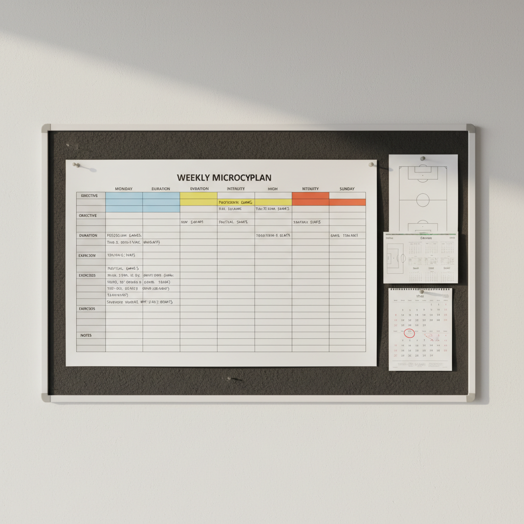 A large, horizontal tactical plan chart pinned to a dark corkboard, displaying a detailed weekly microcycle for a football team, with clearly segmented days, training objectives, and intensity levels coded in subtle, professional color blocks. Next to it, printed match analysis sheets and a compact calendar are aligned with measured precision, while clean pushpins in neutral tones hold everything in place. Soft, directional light from the right creates gentle shadows that emphasize the layered paper textures and handwritten notes. The background wall is a smooth off-white, contributing to a structured, corporate workspace atmosphere. Photographed straight-on with a balanced, symmetrical composition and high clarity, the image exudes organization, tactical periodization expertise, and strategic thinking in a realistic, modern style.